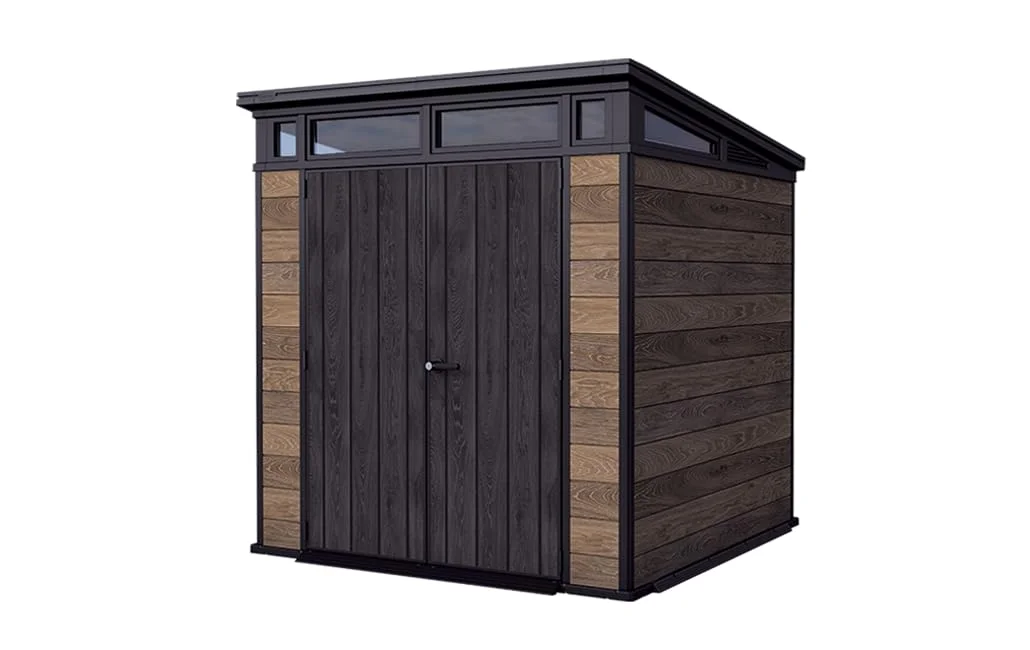 Keter Gerätehaus Signature 7x7 mit Doppeltür und Bodenplatte, abschließbar, Kunststoff wetterfest, 4,7 m² Gartenhaus Walnuss