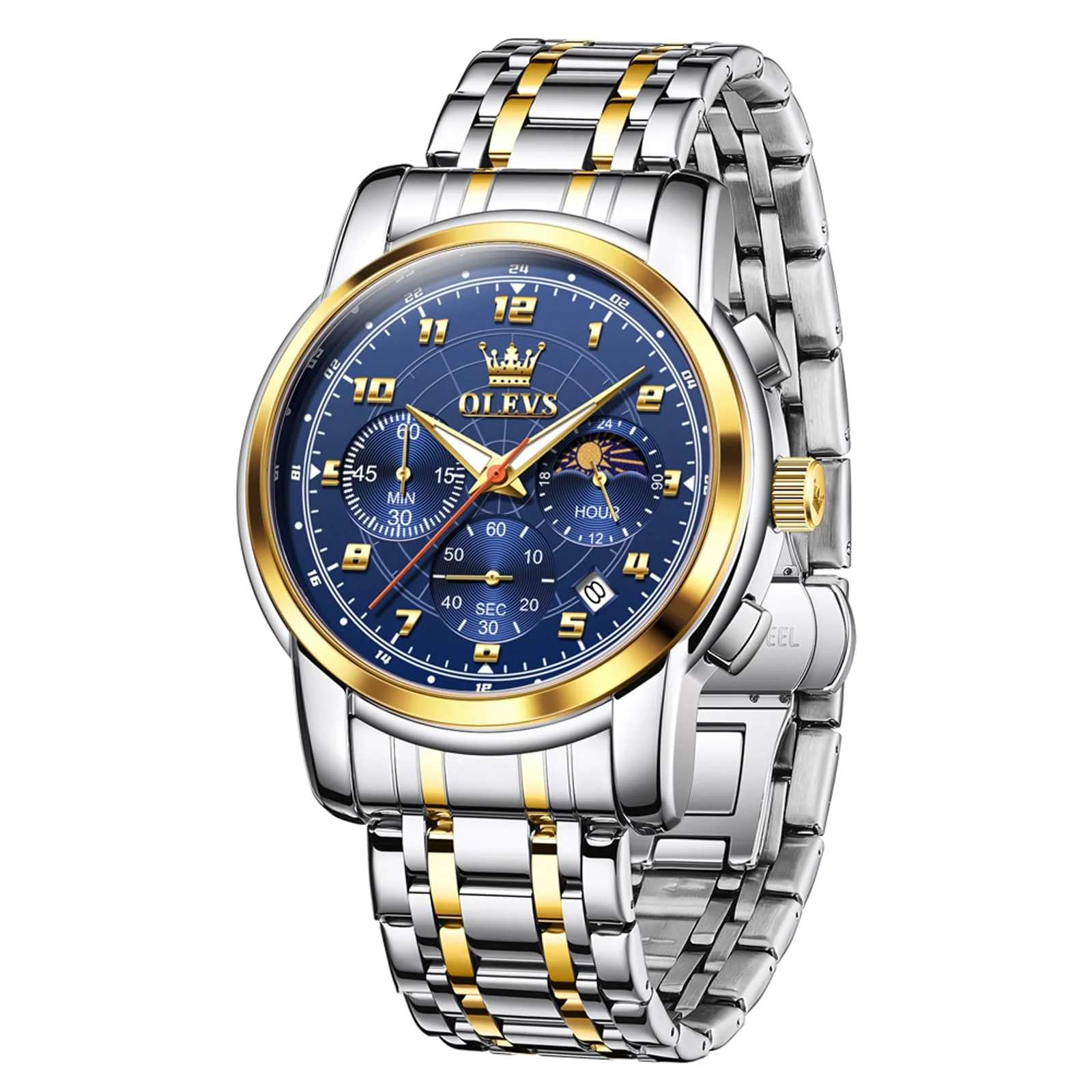 OLEVS Herren Armbanduhr mit Edelstahlarmband, Mondphase und Datum | 40 mm Herrenuhr mit Quarzwerk, Leuchtzeigern, kratzfestem Glas, 30 m Wasserschutz und Multifunktionszifferblatt