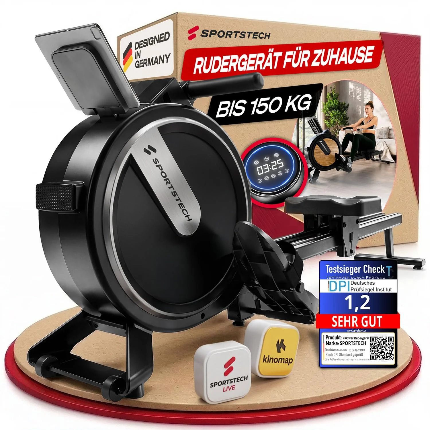 Sportstech Rudergerät für Zuhause, leise 32-Stufen Magnetwiderstand, PROwer | Rudermaschine mit App, Ganzkörpertraining bis 150 kg, ergonomischer Sitz & Dual Slide Rail, platzsparend vertikal verstaubar