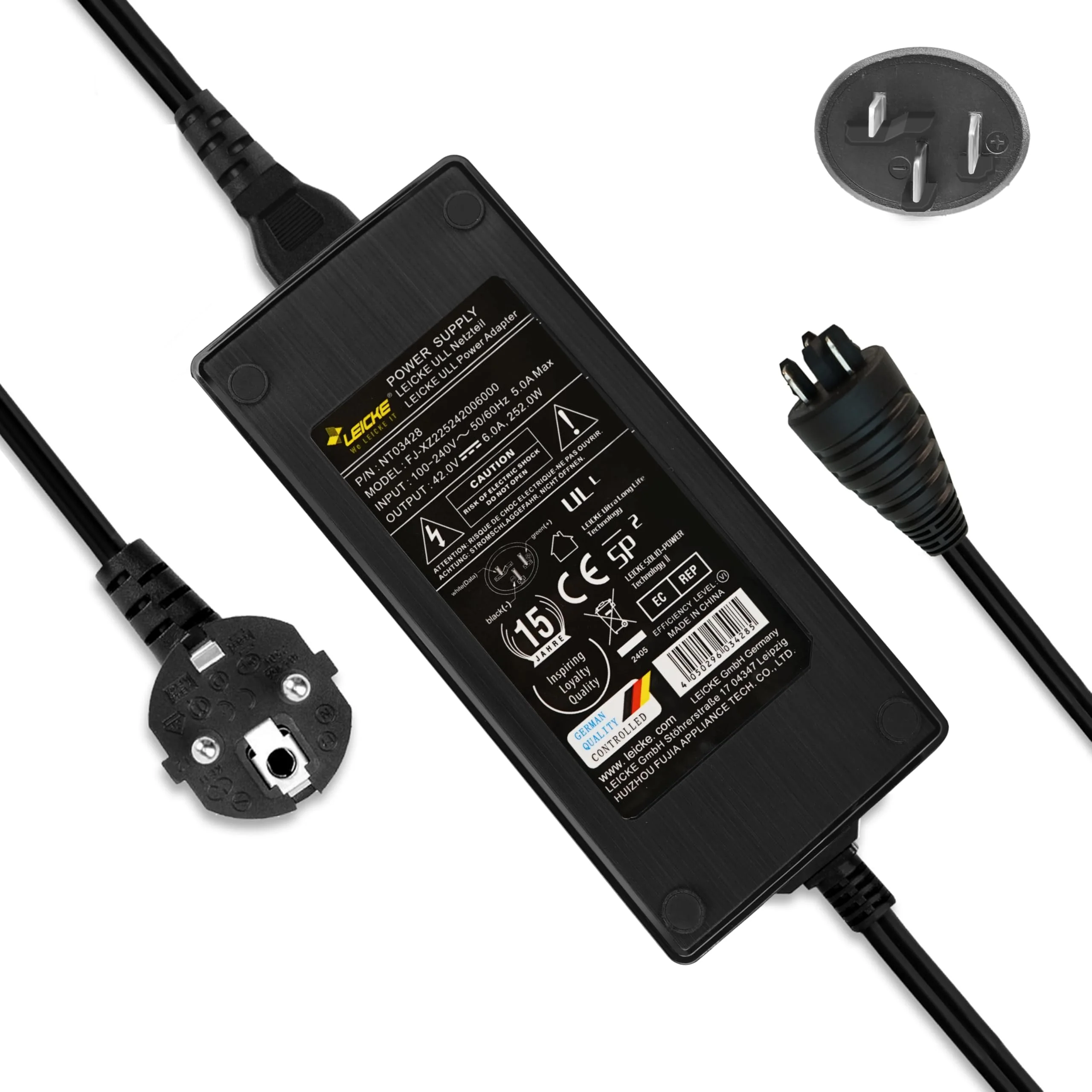 LEICKE E-Bike Schnellladegerät 36V / 42V 6A – DC Ladegerät mit ovalem 3-Pin Stecker – Kompatibel mit Bosch Active/Performance Line