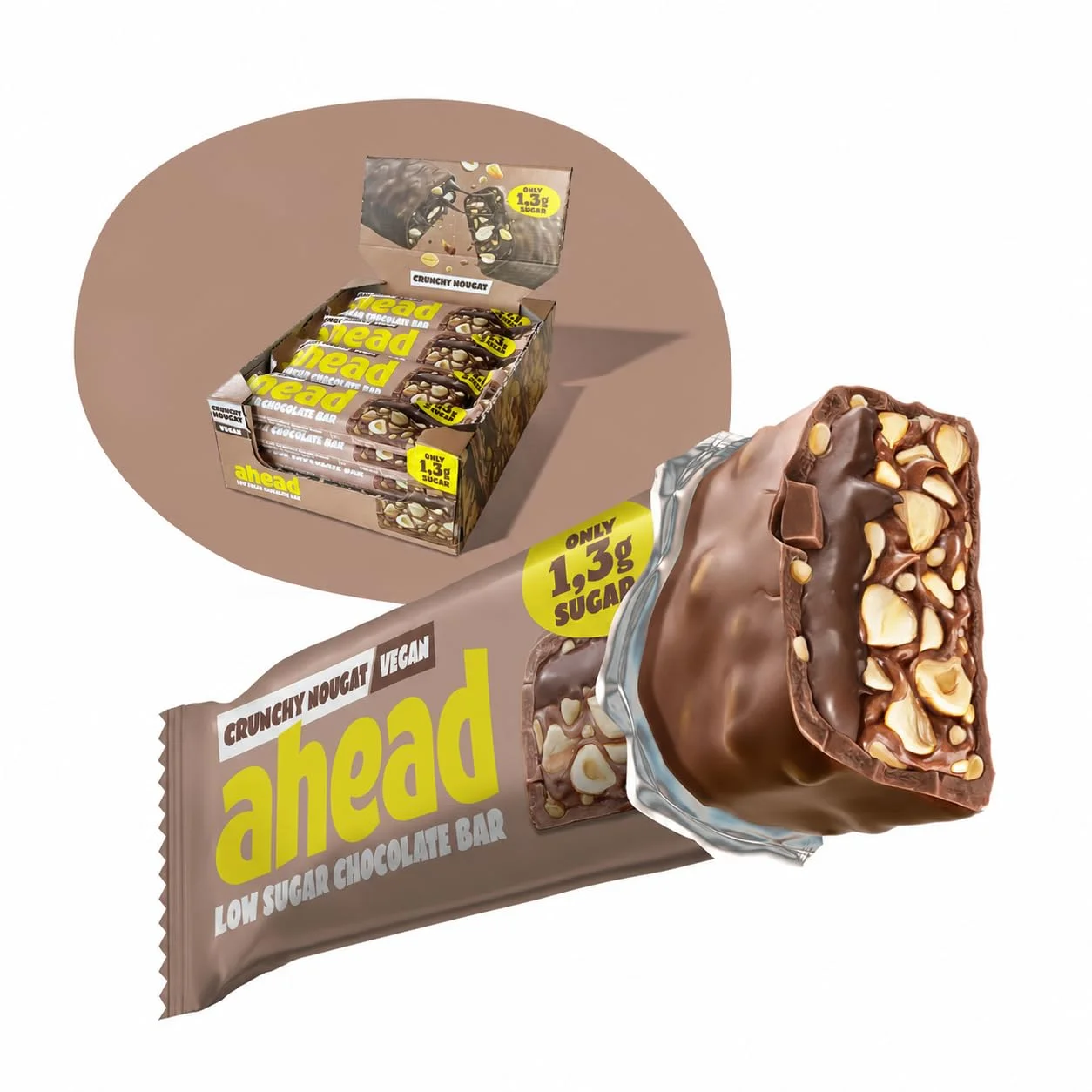 AHEAD Veganer Schokoriegel – Crunchy Nougat – 16 x 35g – Keto Riegel mit Schokolade ohne Zuckerzusatz – nur 5g Net Carbs pro Low Carb Süßigkeit