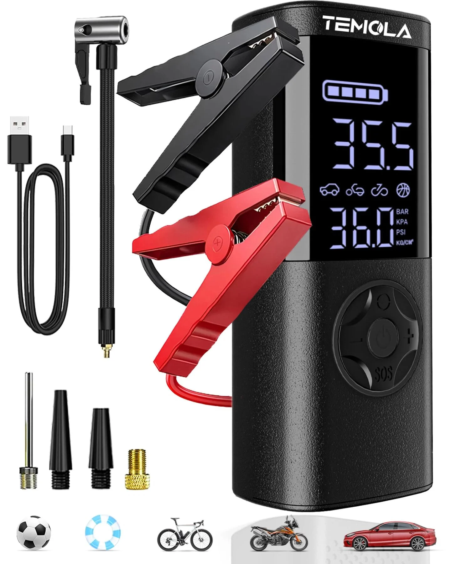 TEMOLA Starthilfe Powerbank für Pkw mit Kompressor 150PSI Tragbarer | 12V Auto Starthilfe Powerbank für Benzin- und Dieselmotoren bis 8,0L, Tragbarer Bauweise, LED-Licht und LCD-Display