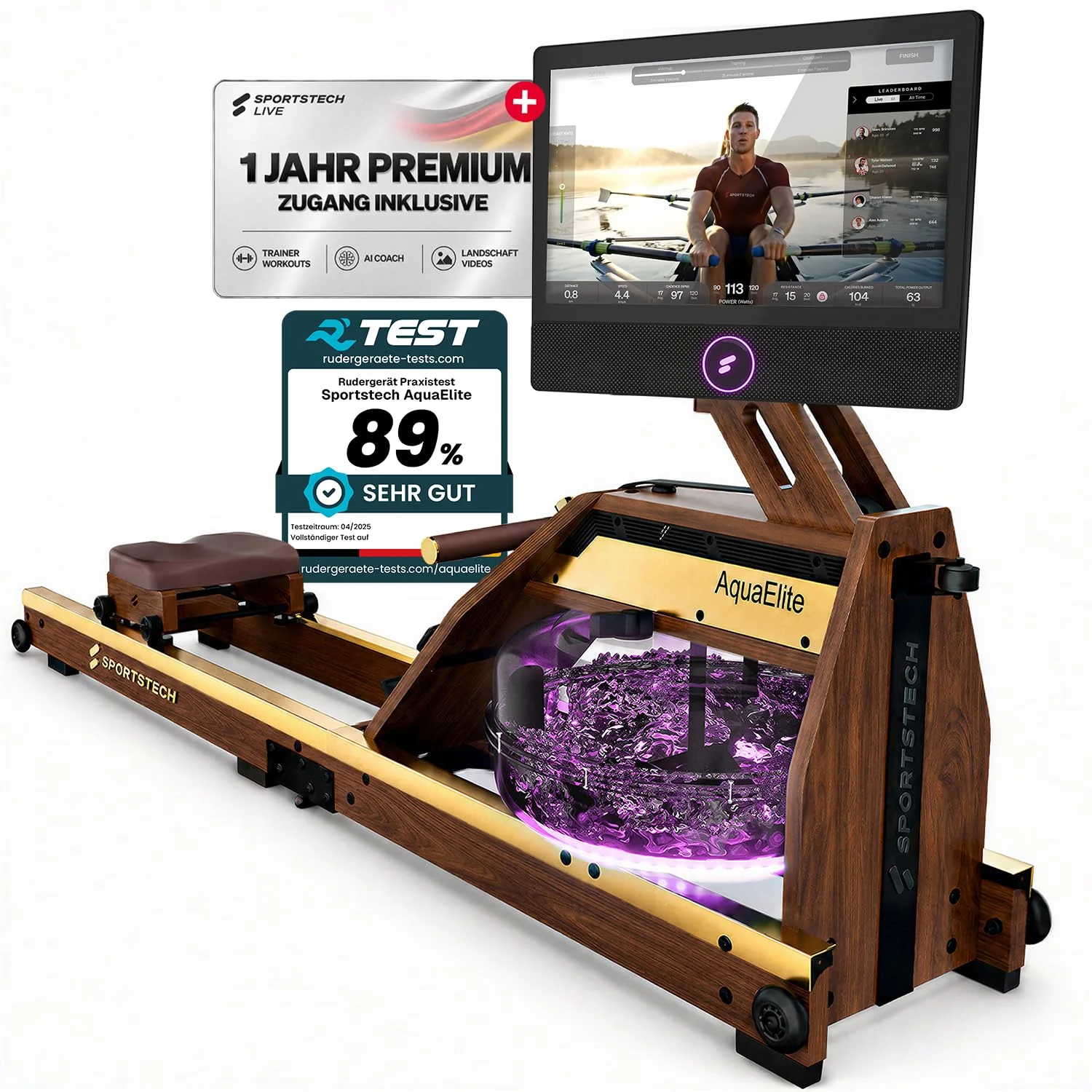 Sportstech AquaElite, Wasser Rudergerät für zu Hause, authentisches Rudererlebnis, Cardio Ganzkörpertraining, Massivholz, klappbar, 10,1" oder 21,5" Display, inkl.12 Monate App Premium-Mitgliedschaft
