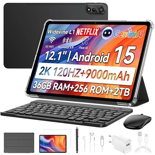 Blackview Mega2 Android 15 Tablet 12 Inch, 24GB RAM + 256GB ROM, 2K FHD Gaming Tablet with Keyboard Mouse Pen Headphones, 4G LTE + 5G WiFi, 9000mAh, WideVine L1, Dual Camera, Face ID, GPS, Case