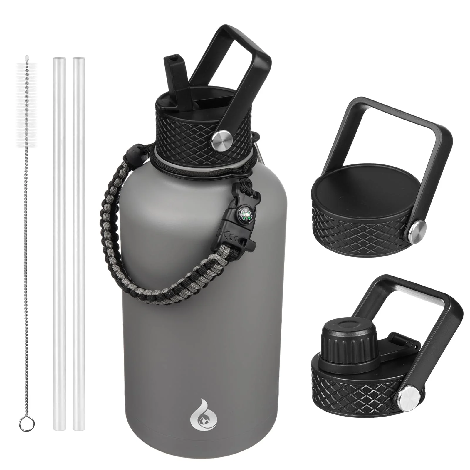 BJPKPK Halber Gallone Isolierte Trinkflasche mit Strohhalm-Deckel, 1.9L Große Edelstahl Flaschen mit 3 Deckeln und Paracord-Griff, Thermosflasche für Heiße & Kalte Flüssigkeiten, Grau