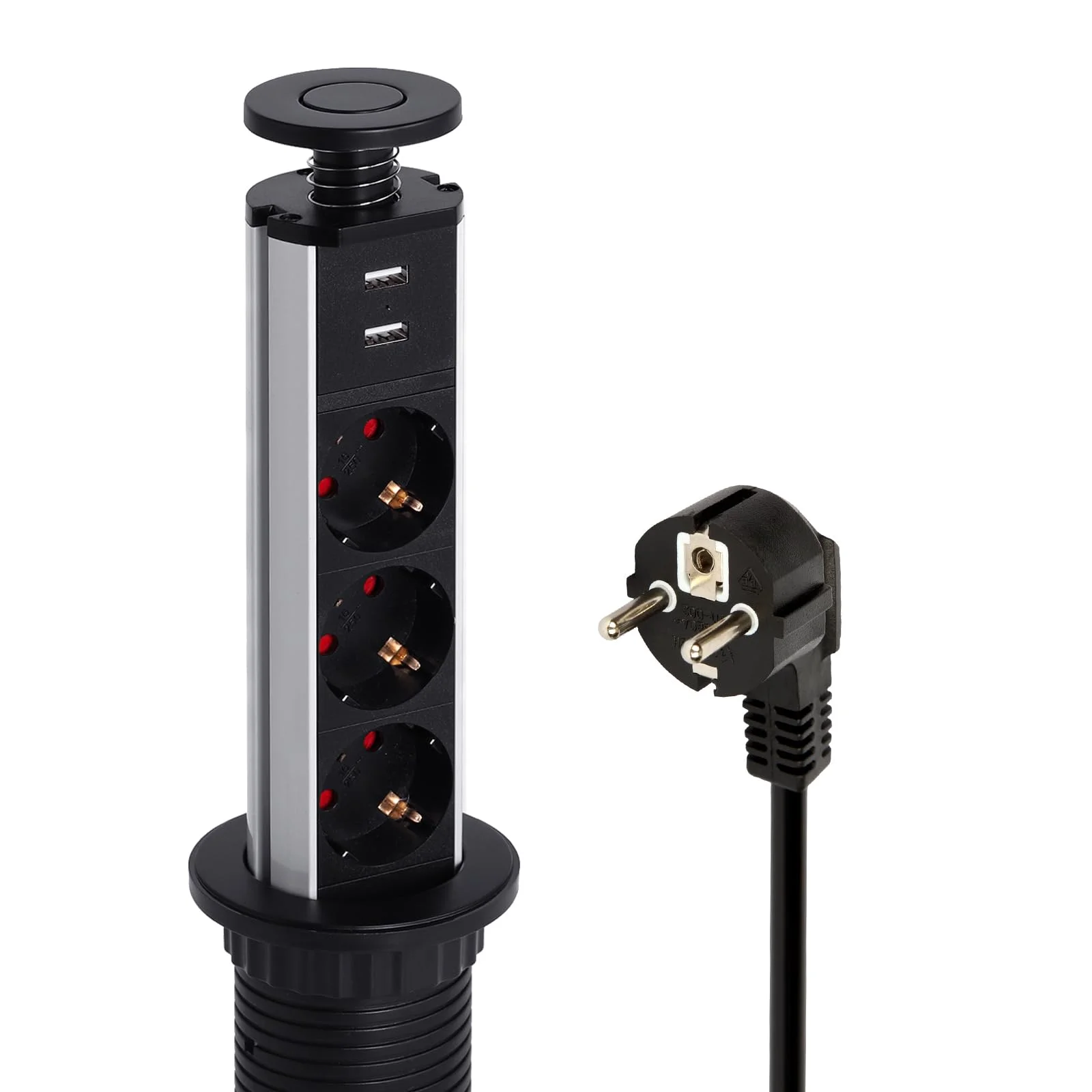 LEUTED 3 Fach Versenkbare Steckdose mit USB, Einbausteckdose Ø60 mm | Mit Überspannungsschutz, Kindersicherung und 1,8 m Kabel für Arbeitsplatte, Schreibtisch und Küche.