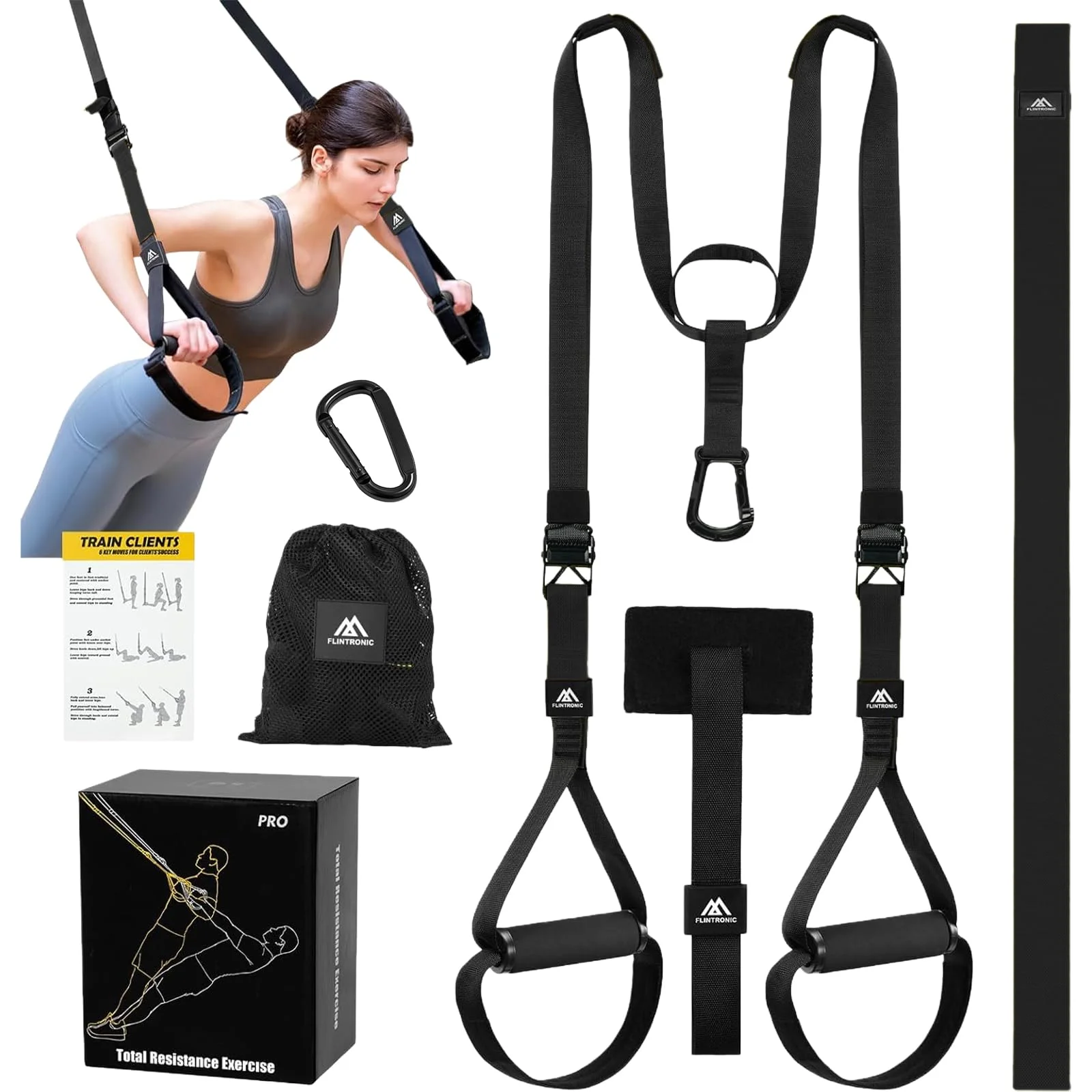 Flintronic Schlingentrainer, Sling Trainer Set für EIN Ganzkörpertraining, Schlingentrainer für Zuhaus, Schwarz