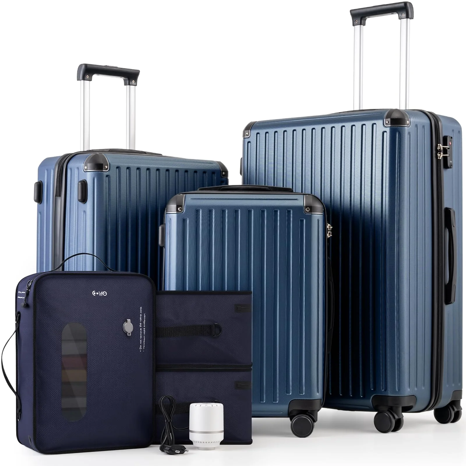 COOLIFE Vakuum Koffer Set, Hartschalenkoffer, Reisekoffer Set mit Pumpe | Verstärkte Ecken, ABS+PC Gepäck mit 360°- Rollen und TSA-Schloss, Trolley mit Vakuumsystem für Langreise / Langstreckenreise