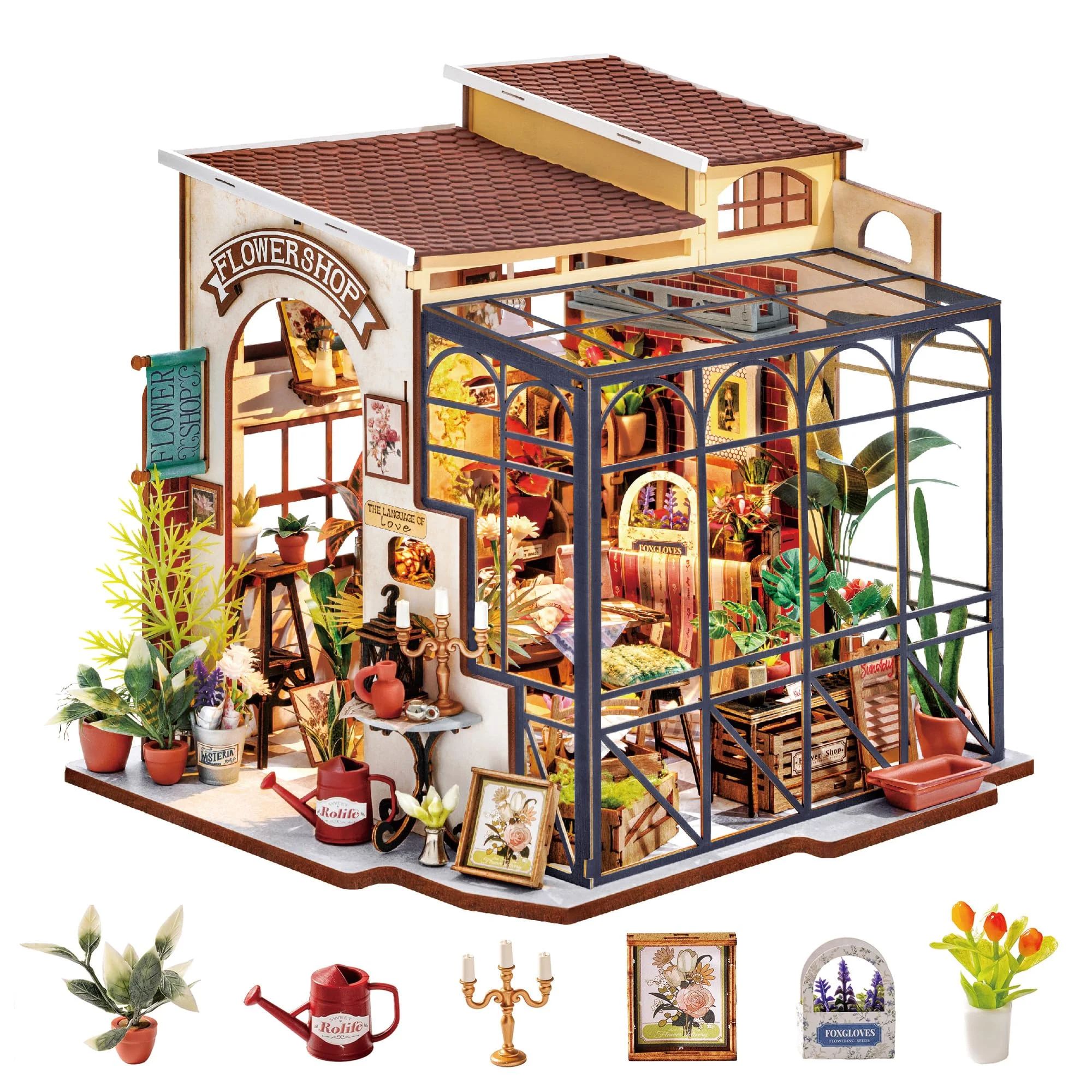 Rolife DIY Miniatur Haus Emilys Blumenladen Holz Puppenhaus für Erwachsene zum Bauen Book Nook Kit Bücherregal Deko Geburtstags Geschenk
