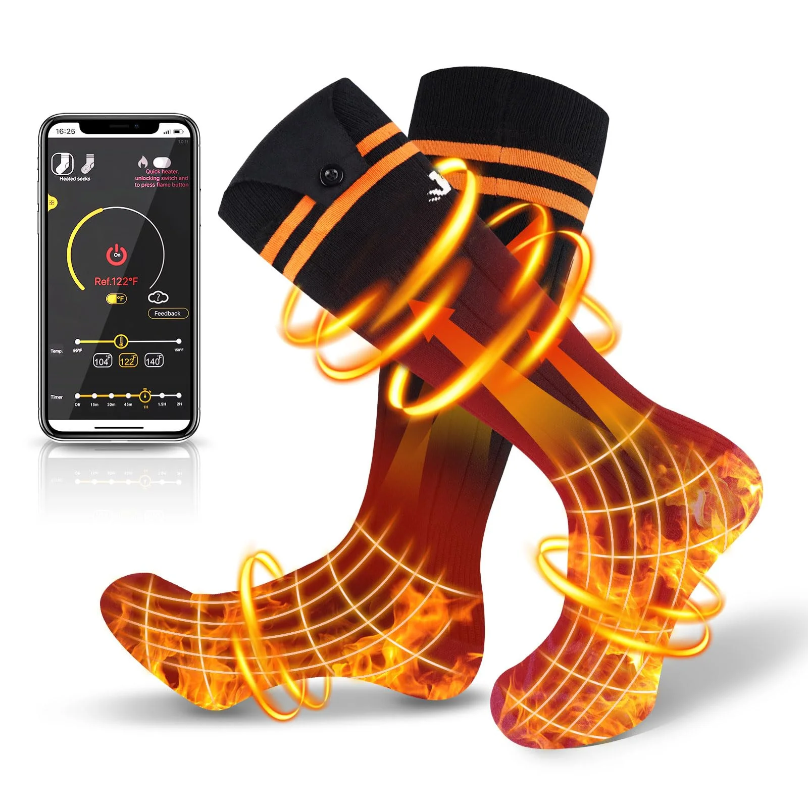 Wiederaufladbare Beheizte Socken, 5000mAh extra große, bis zu 65°C | Die maximale Temperatur kann 65 °C erreichen, großflächige Heizung, Tastensteuerung, kein Logo, lange Akkulaufzeit