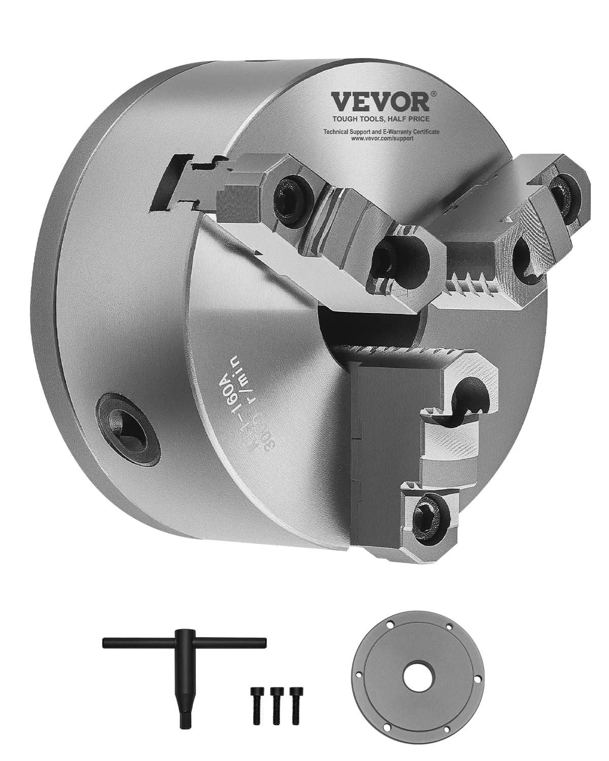 VEVOR 3-Backen-Drehfutter, φ160 mm, selbstzentrierendes Spannfutter mit 38,1-mm-8-Gewinde-Trägerplatte, 3-145 mm Spannbereich mit T-Schlüsselschrauben, HT300-Material, für Holz-Metall-Drehmaschinen