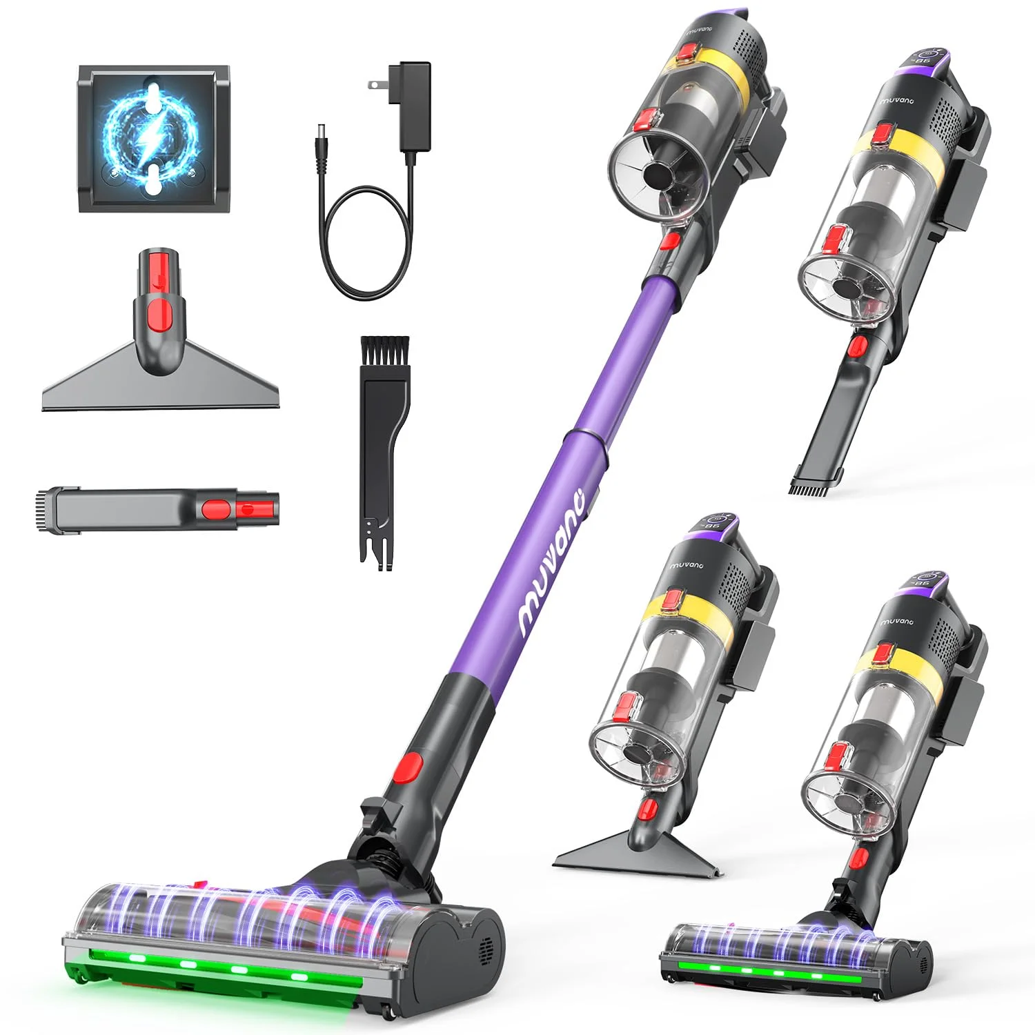 Muvano Akku Staubsauger Kabellos, Akkustaubsauger 45KPa mit LED-Display, Handstaubsauger für Tierhaare, Hartboden & Teppich Anti-Tangle-Bürste, Selbststehend, Wandladestation,Ultraleise, Klopffunktion