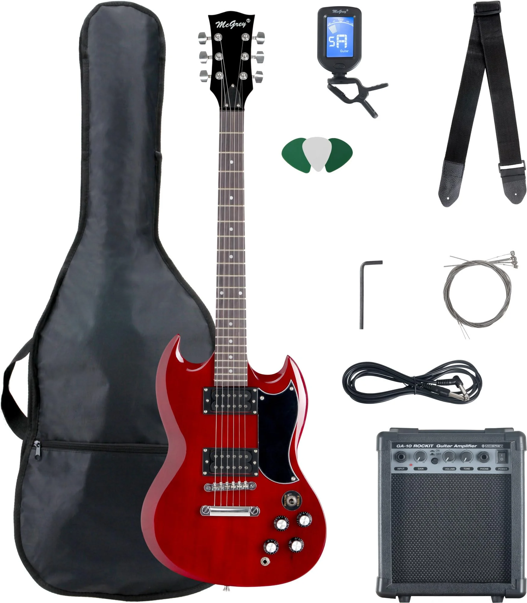 McGrey Rockit Double Cut Komplettset E-Gitarre (8-teiliges Anfängerset mit Gitarre, Verstärker, Ersatzsaiten, Gitarrentasche, Stimmgerät, Plektren, Gurt und Gitarrenkabel) Cherry Red