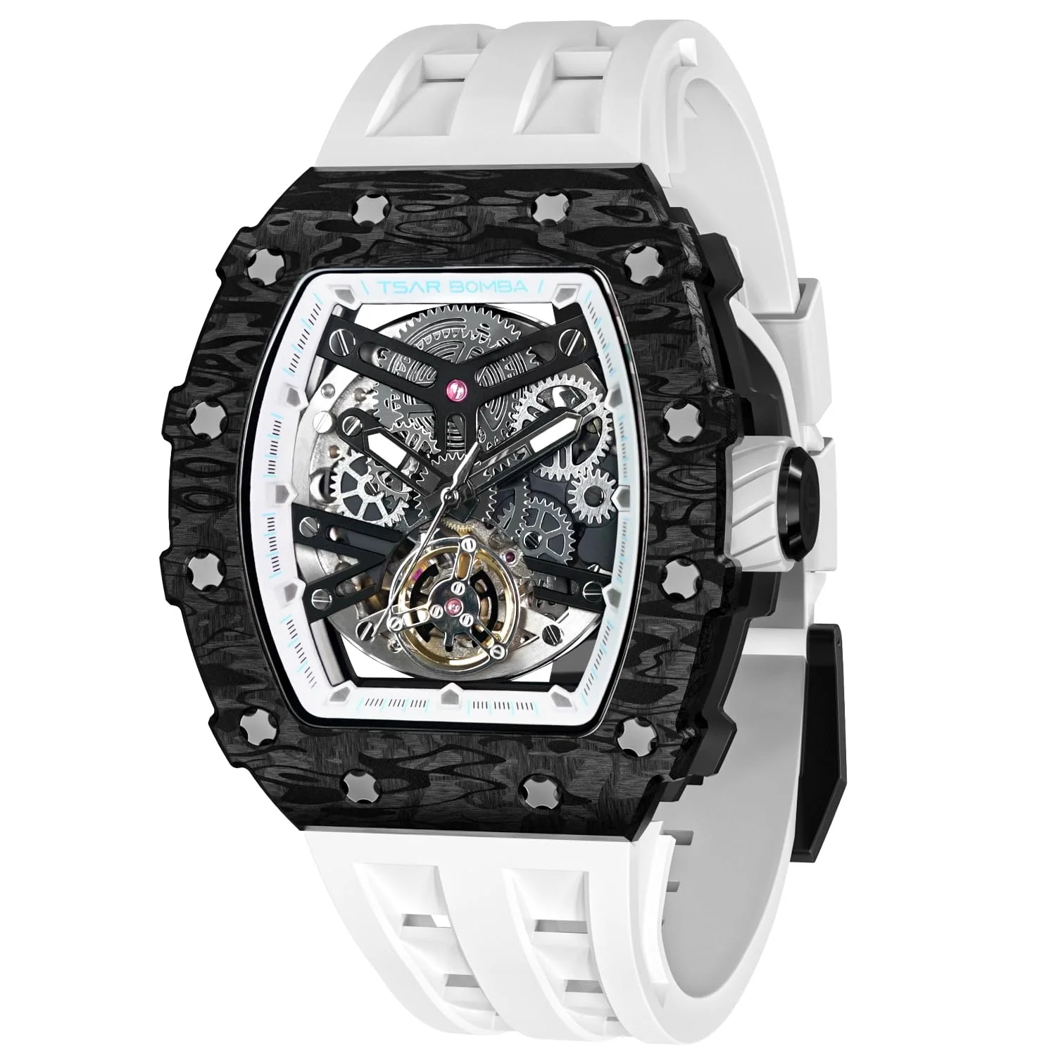 TSAR BOMBA Luxus Herren Automatik Saphirglas Wasserdicht Herrenuhr Tonneau Armbanduhr Silikonarmband Leuchtend Geschenke für Männer