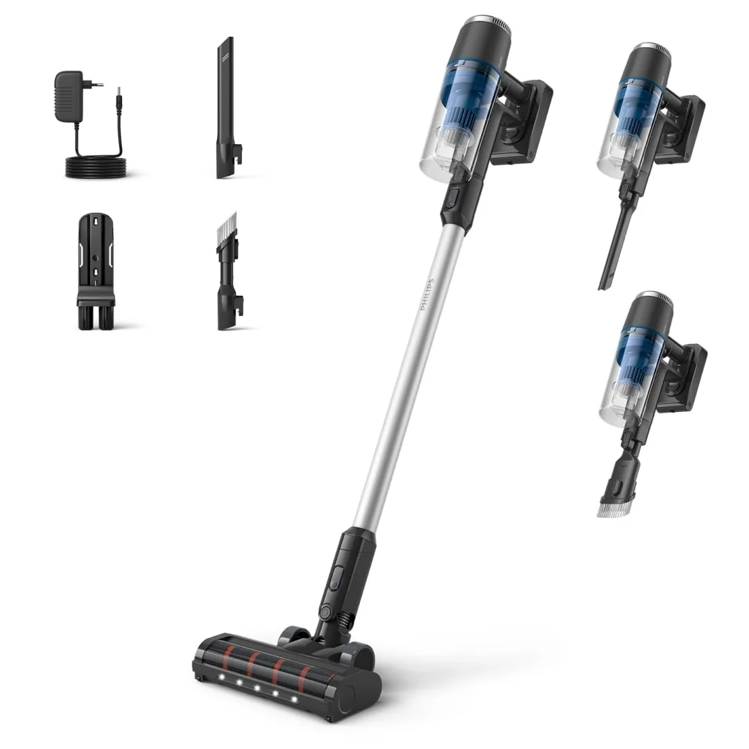 PHILIPS Akku-Staubsauger 3000 Serie, Blau, 60 Min. Laufzeit | Kabellos, LED-Düse, Fugendüse  2-in-1-Kombiwerkzeug, 3-stufige Filterung, austauschbarer Akku, Wandhalterung ⟮XC3032/01⟯