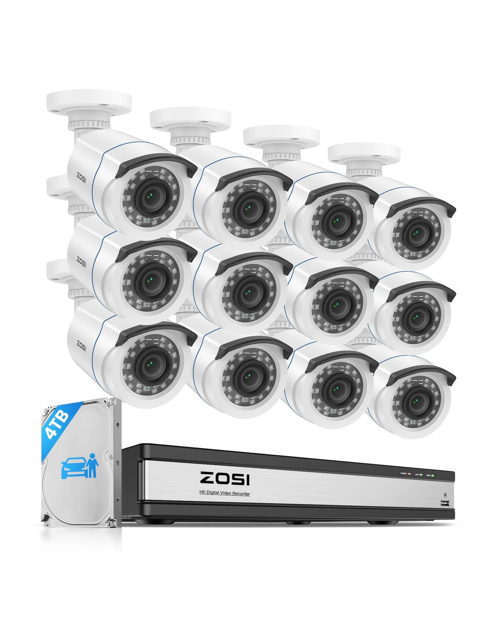 ZOSI 1080P 16CH Überwachungskamera Set Aussen 4TB HDD | Personen- und Fahrzeugerkennung, H.265+ DVR Rekorder, 12er CCTV 2MP Bullet Kameras für Haus- und Geschäftsüberwachung